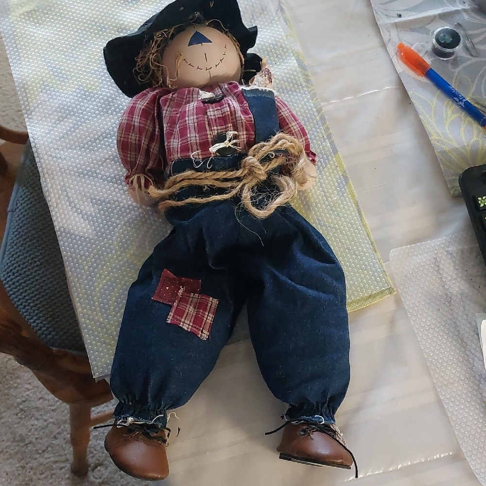 Plaid Shirt and Denim Overalls Scarecrow Doll